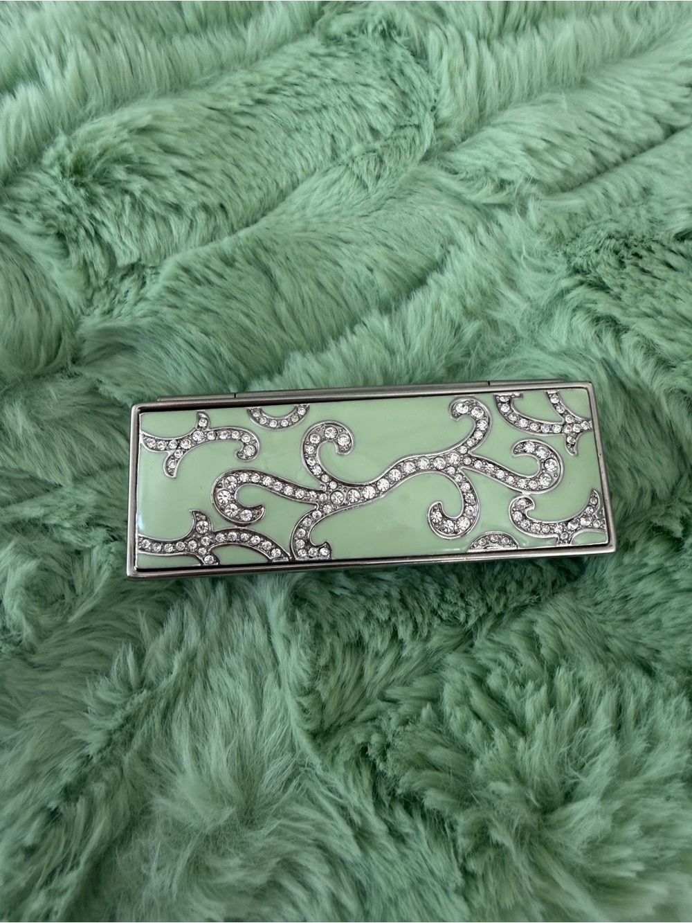 Lipstick Case Vintage green enamel and crystals with mirror